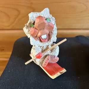 Hand Carved in Norway  Wooden Skiing Gnome Figurine